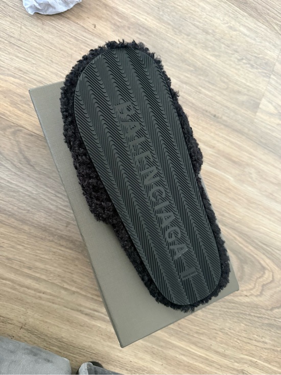 Balenciaga Black Shearling Logo Slide Sandals with Red & White Stripe